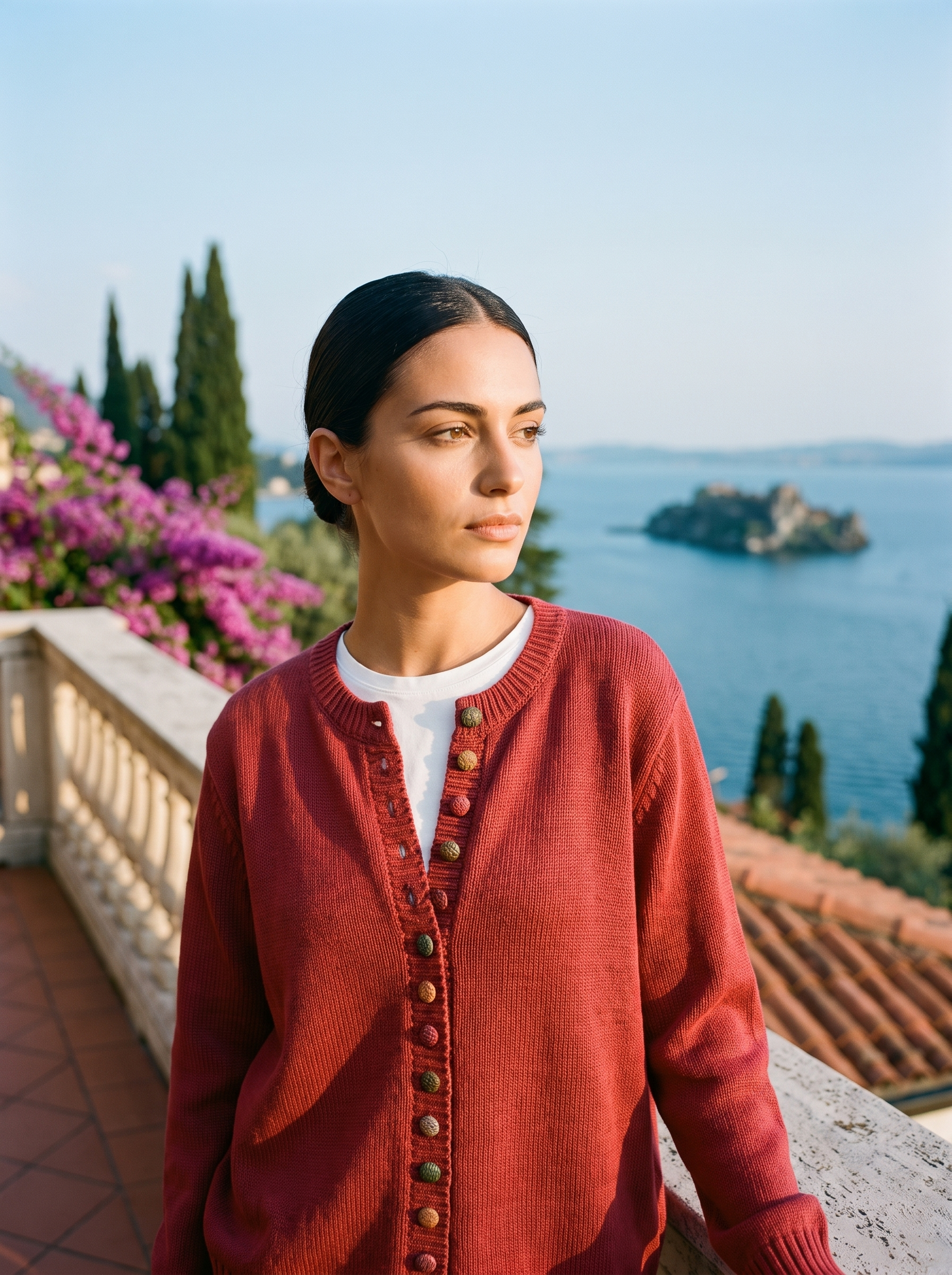Woman wearing a red button cardigan on a terrace overlooking Lake Como, old money style — Aveloire