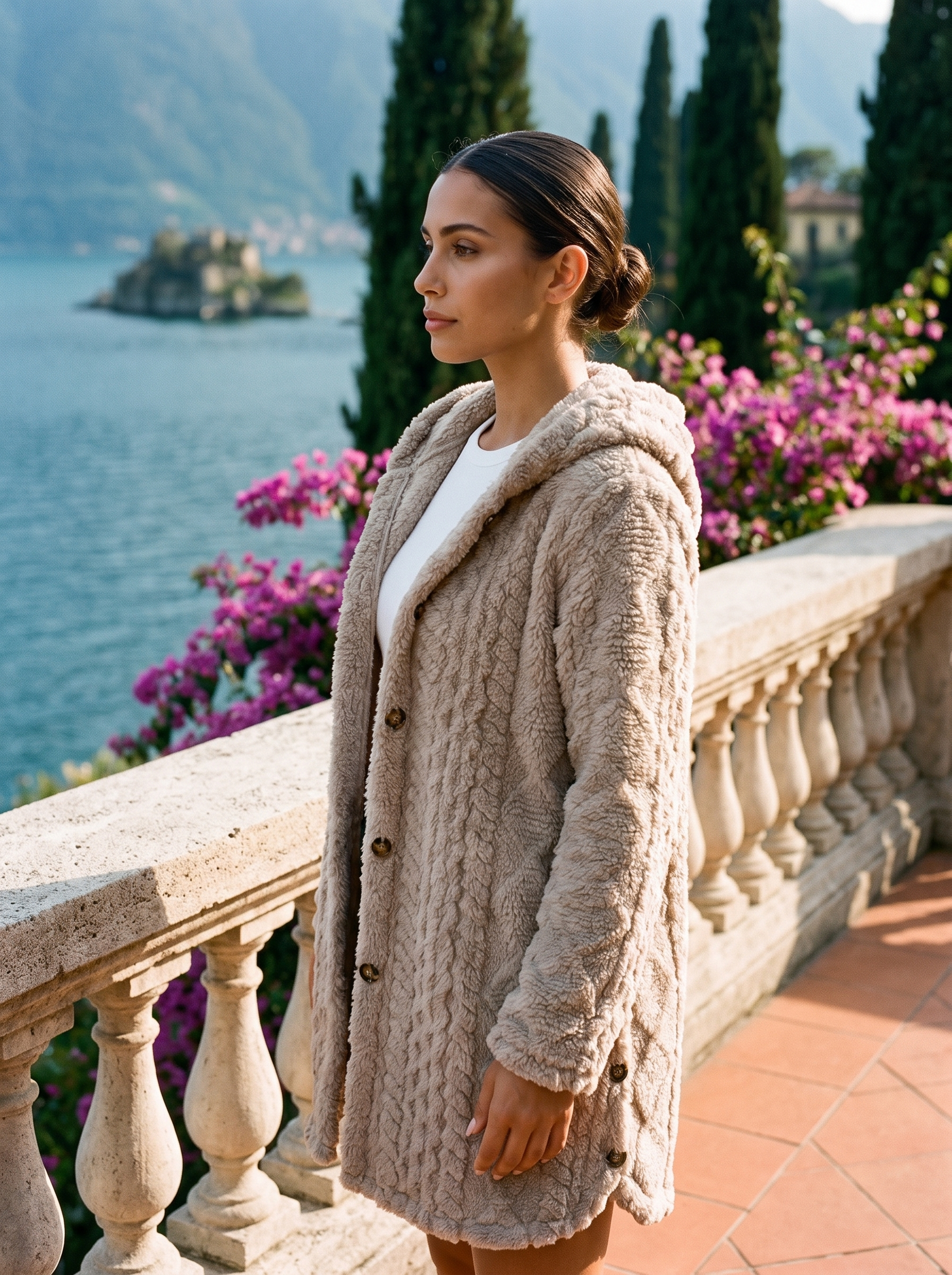 Woman wearing a taupe plush hooded longline cardigan on a Lake Como terrace — Aveloire