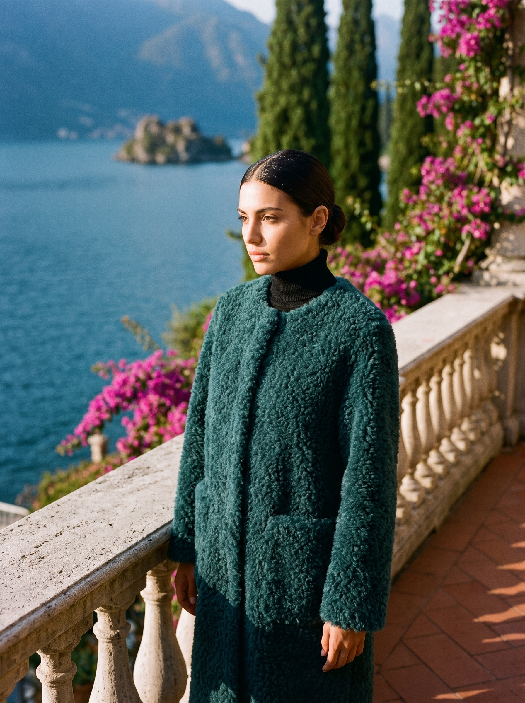 Woman wearing a deep-teal shearling teddy coat on a Lake Como terrace — Aveloire