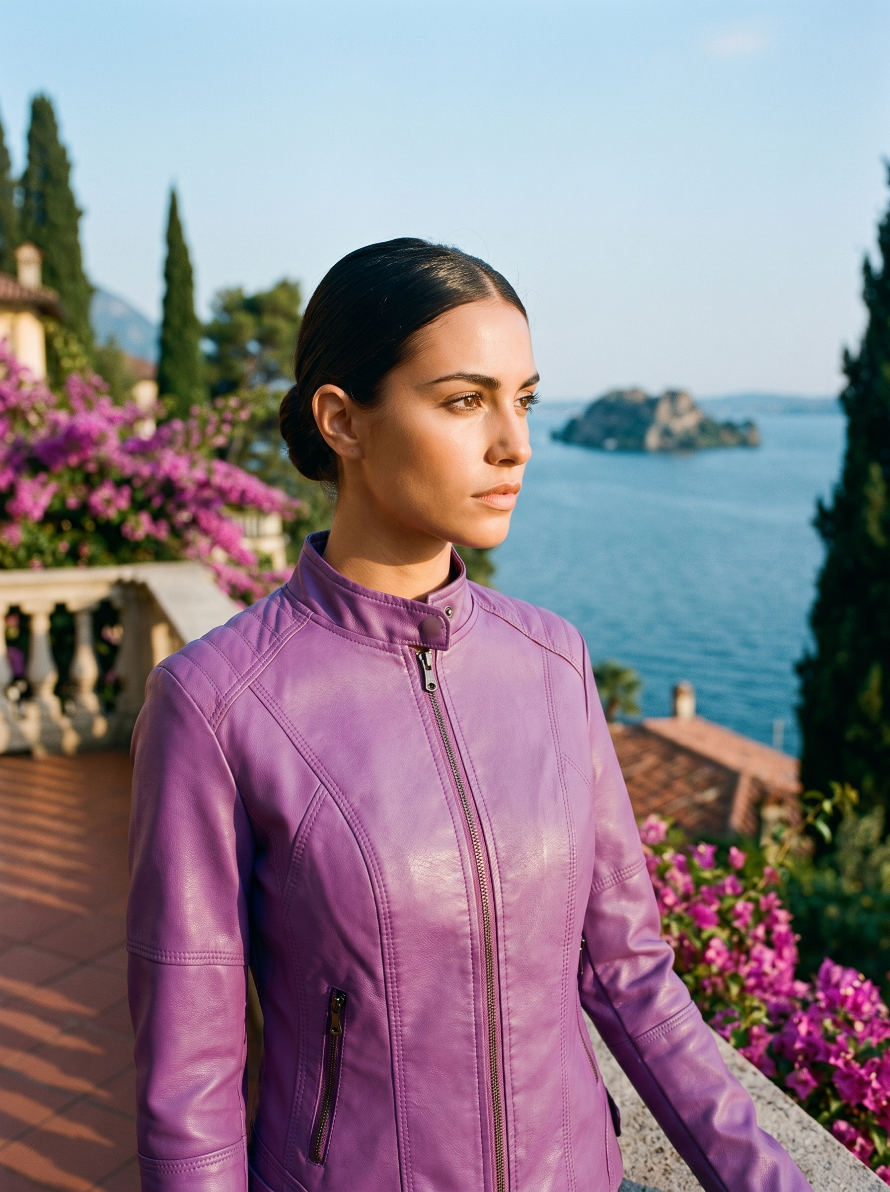 Woman wearing violet sleek jacket on a Lake Como terrace — Aveloire