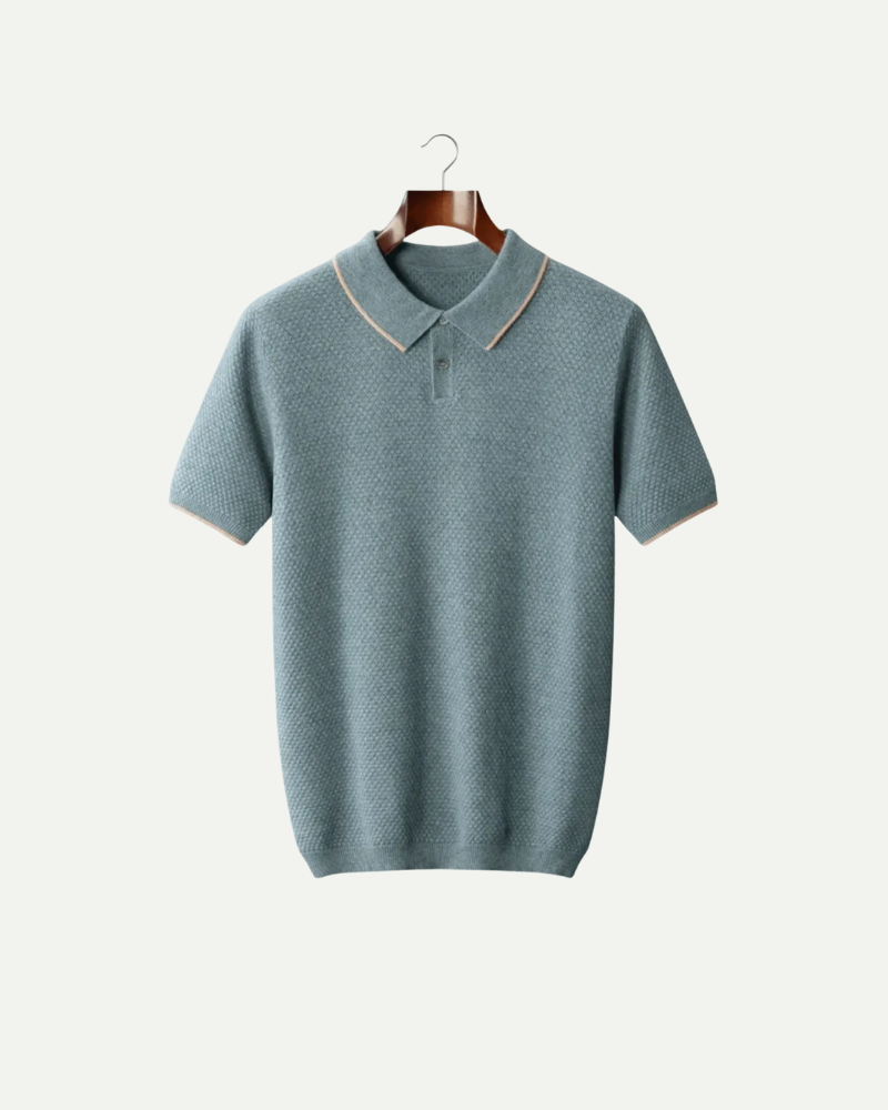 Blue cashmere knit polo shirt men short sleeve breathable luxury polo
