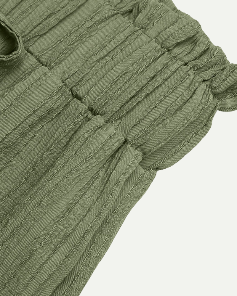 green wide leg trousers high waisted drawstring waist hem detail