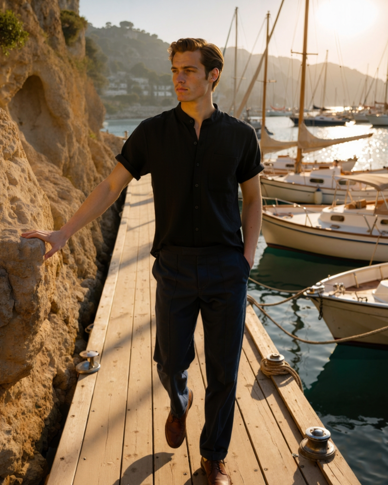 Man walking along a wooden dock by a harbor with boats and mountains in the background