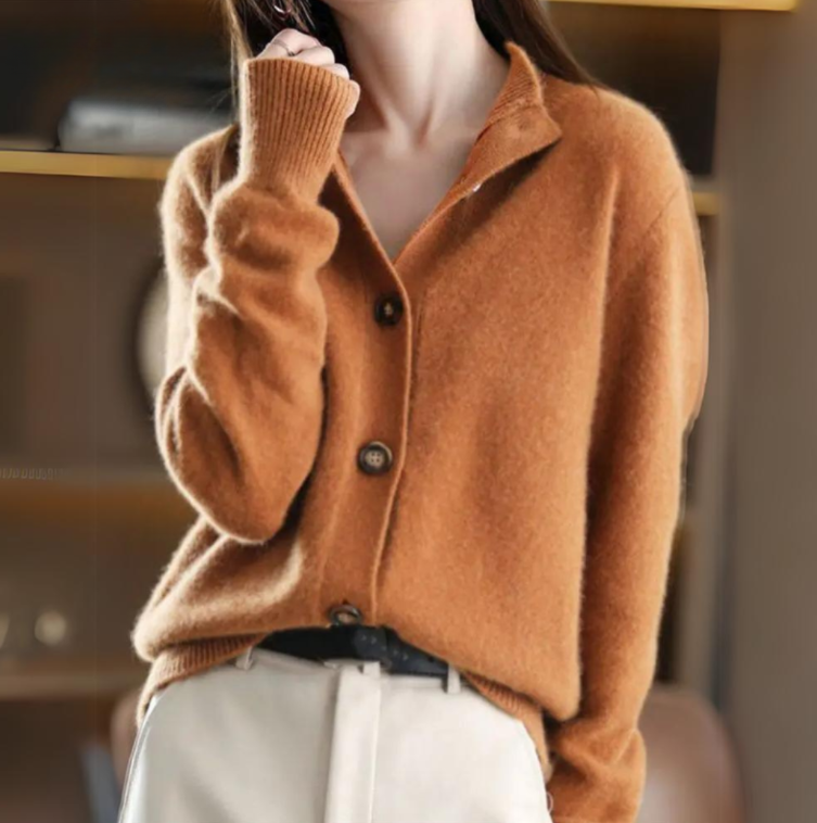 Women's stand collar knit cardigan — studio view 3, Aveloire