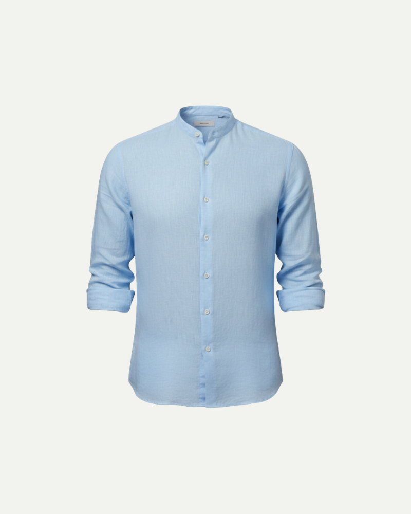 light blue linen shirt men stand collar front product shot breathable fabric Lubomirske

