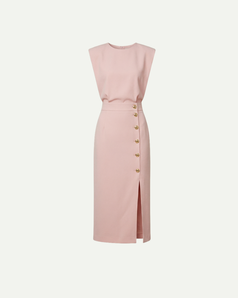 blush pink sheath midi dress women round neckline button detail front product shot Lubomirske
