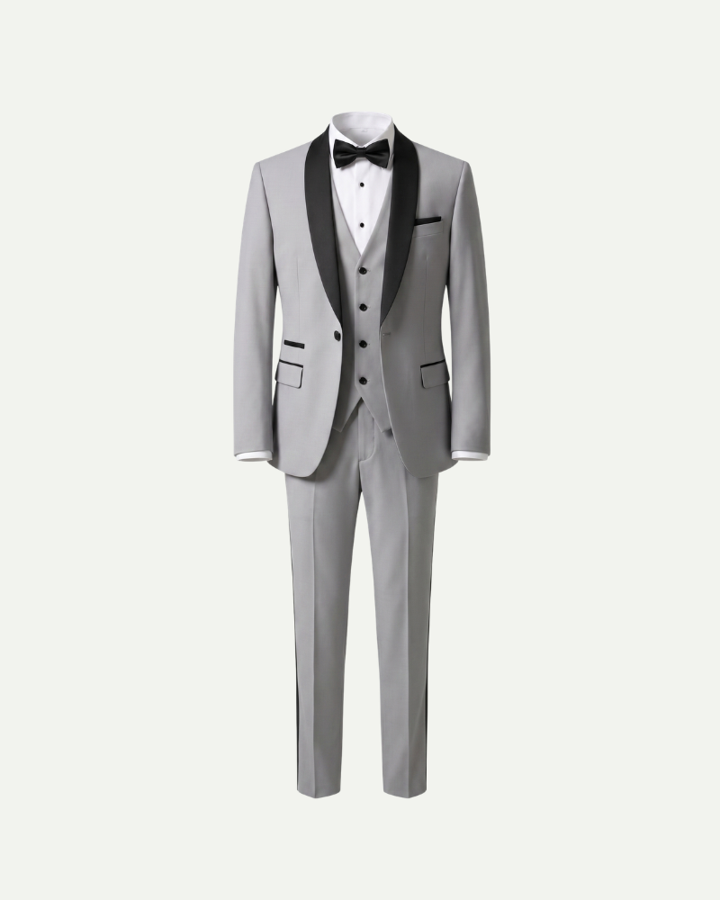 Men three piece tuxedo suit light grey satin shawl lapel formal suit product image front view

