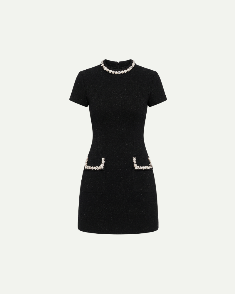Black tweed mini dress women embellished trim short sleeve product image front view
