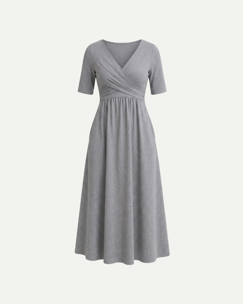 Gray V-neck midi dress women short sleeve empire waist front view product image
