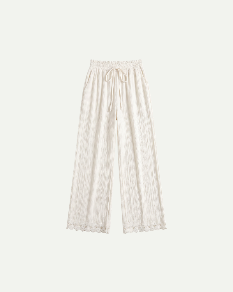 white women wide leg trousers high waist drawstring lace trim product front view
