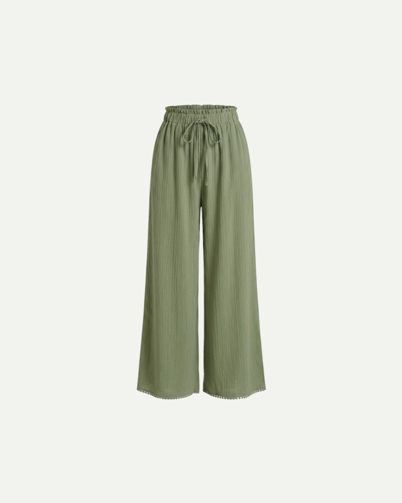 green women wide leg trousers high waisted drawstring waist product front view
