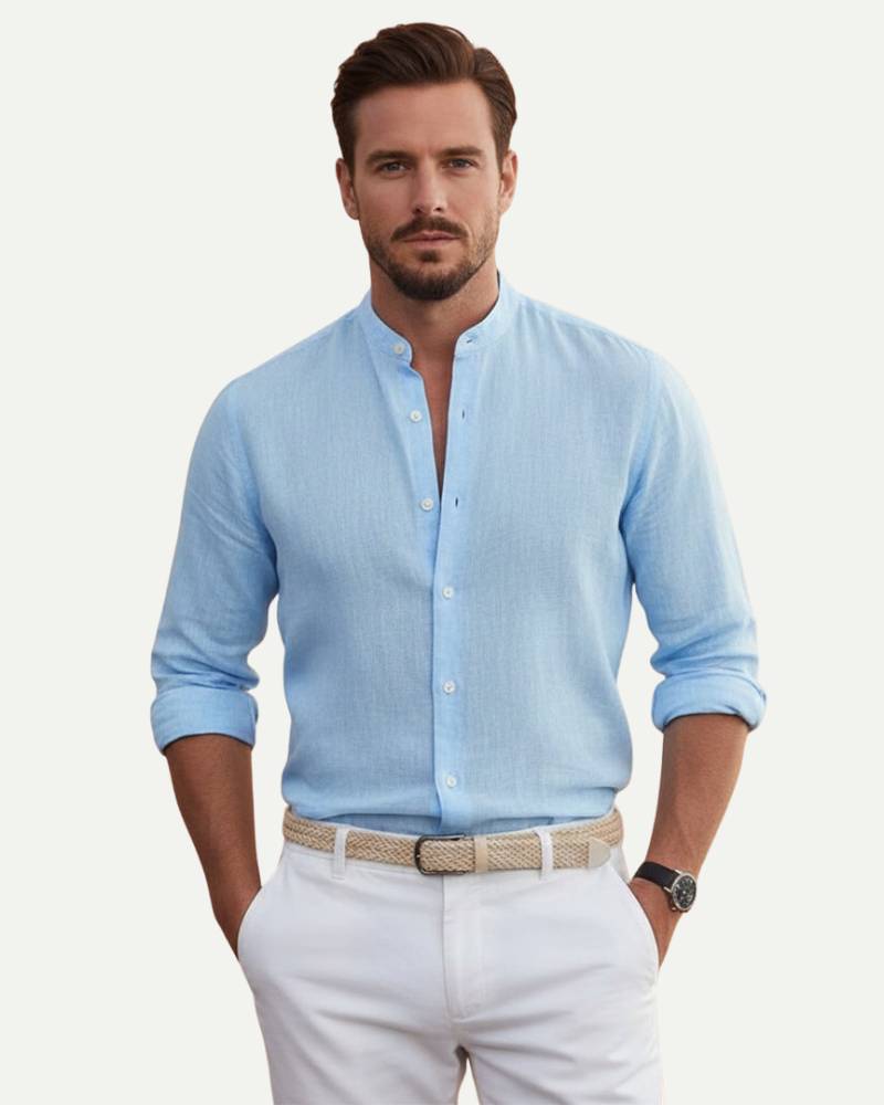 male model wearing light blue linen shirt stand collar front view casual fit Lubomirske
