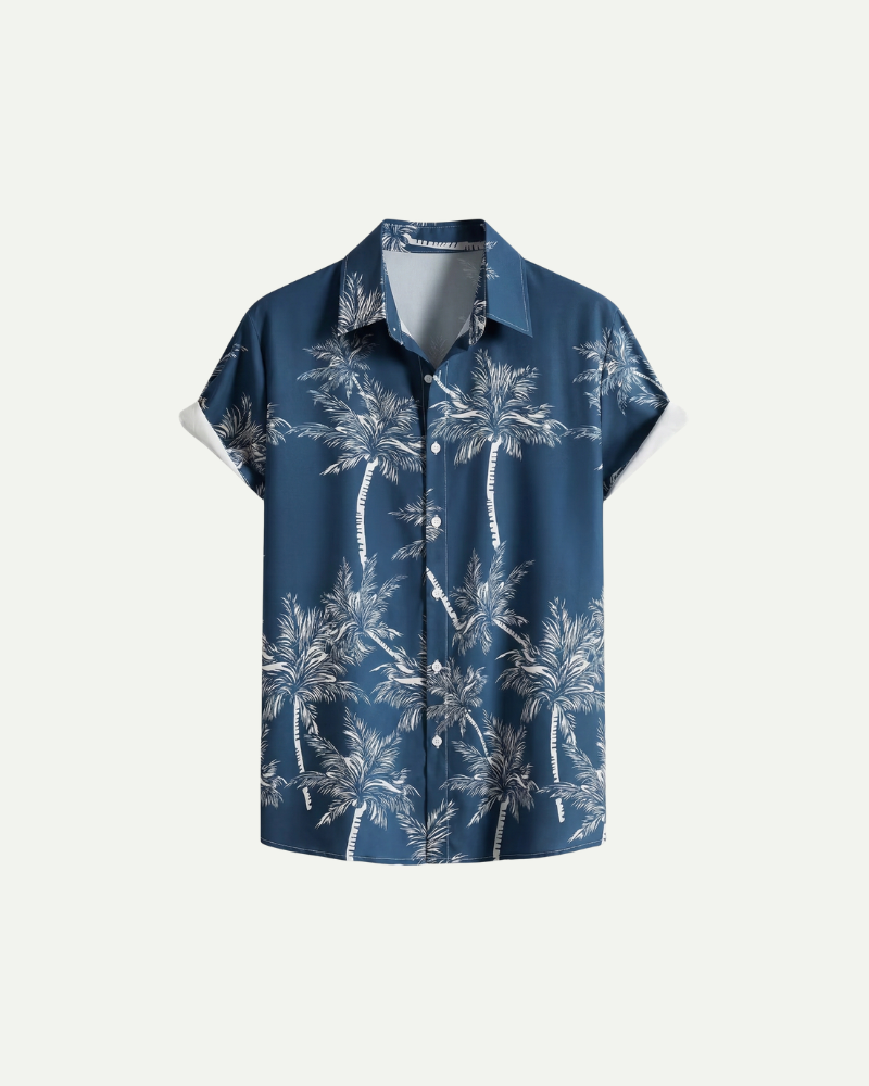 Men’s blue Hawaiian short sleeve shirt with palm print and relaxed fit