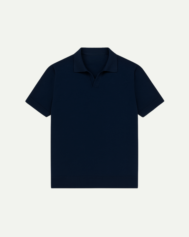 Navy blue polo shirt on a light gray background
