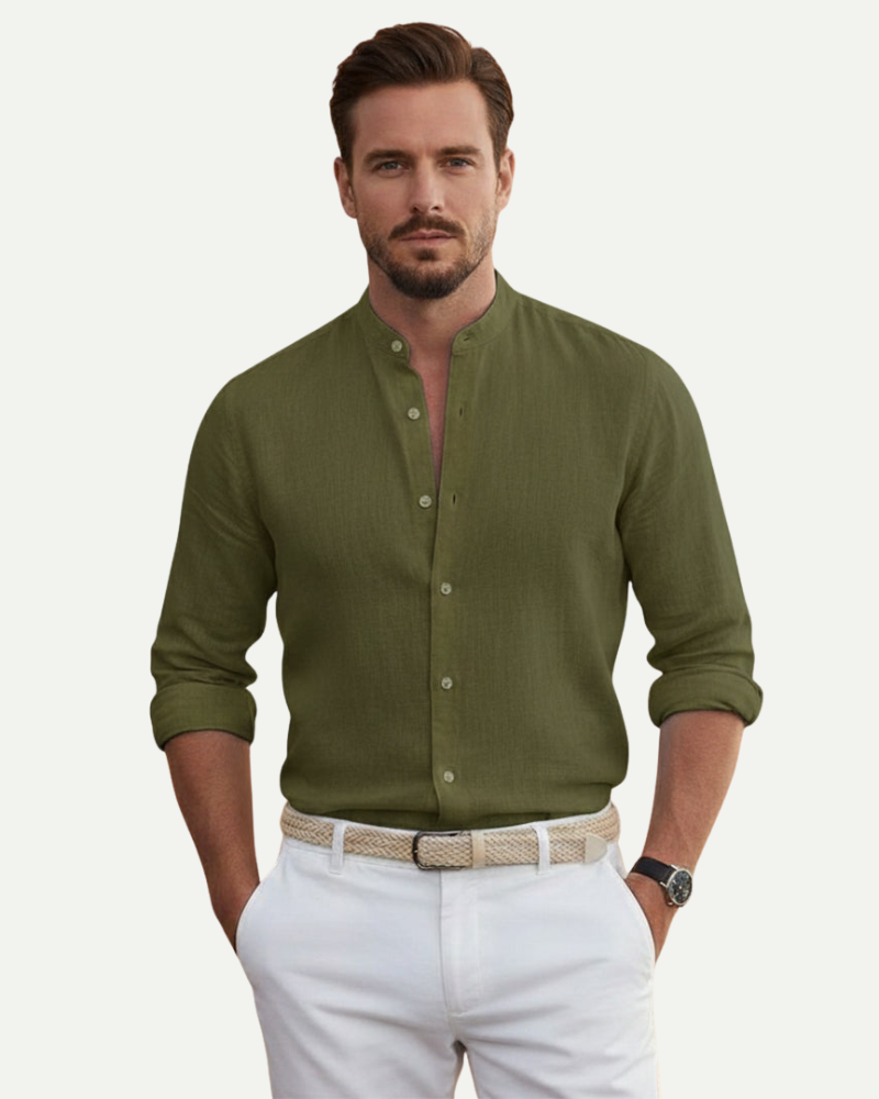 male model wearing olive green linen shirt stand collar relaxed fit Lubomirske
