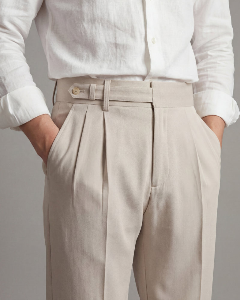 Close up male model wearing beige pleated dress trousers front detail waistband pockets
