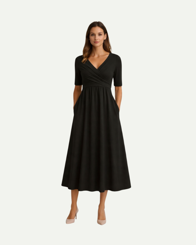 Female model wearing black V-neck midi dress short sleeve elegant fit and flare
