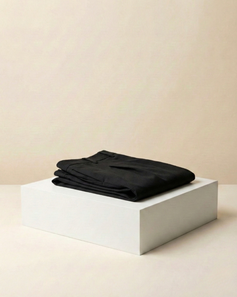 Folded black Shorts on a white box against a beige background