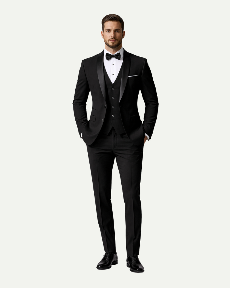 Male model wearing black three piece tuxedo suit bow tie formal evening outfit full body
