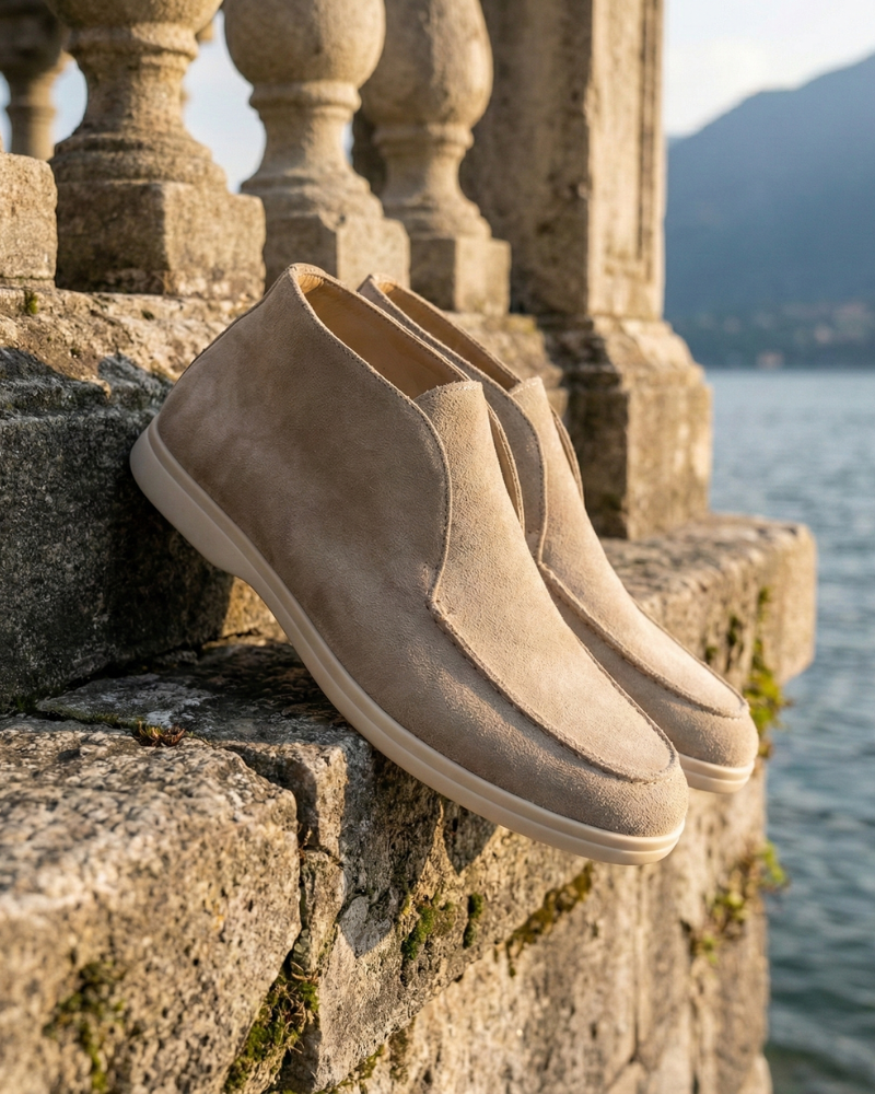 Beige slip-on Loafers on a stone ledge with a scenic background of water and mountains.