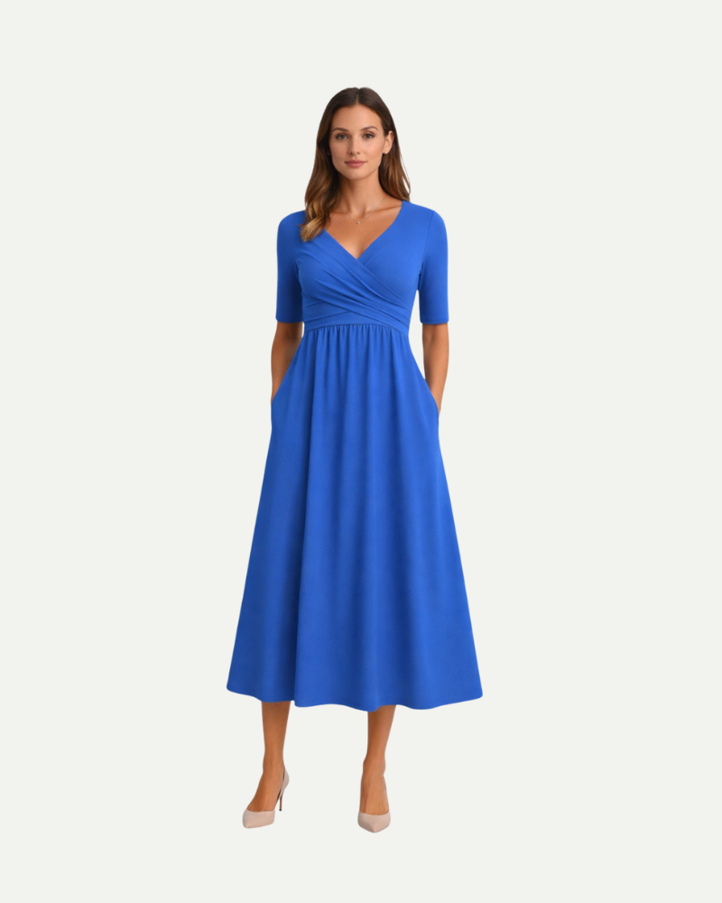 Female model wearing royal blue V-neck midi dress elegant casual outfit
