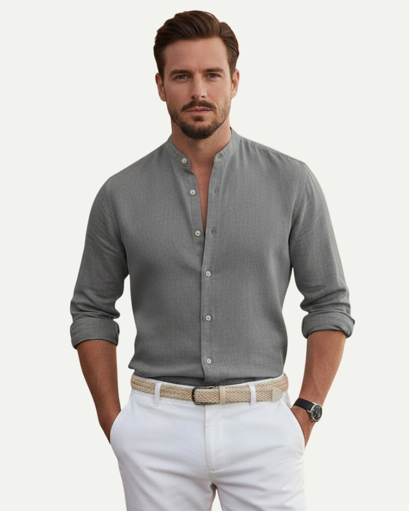 male model wearing grey linen shirt stand collar minimal style Lubomirske

