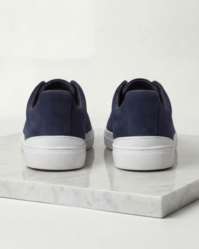 Men navy suede sneakers back view white sole minimalist casual shoes
