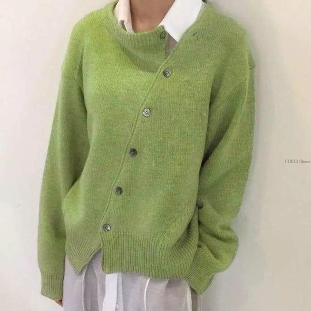 Women's asymmetric button knit cardigan — studio view 3, Aveloire