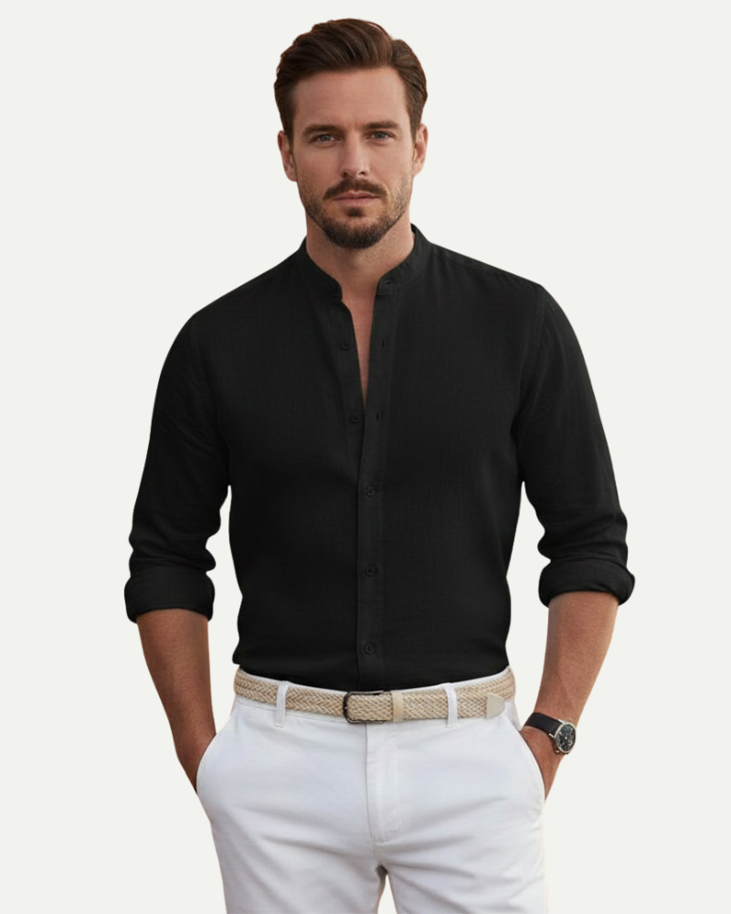 male model wearing black linen shirt stand collar slim fit Lubomirske
