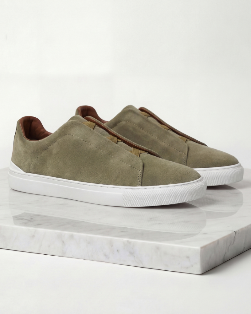 Men suede minimalist sneakers olive green casual shoes product display
