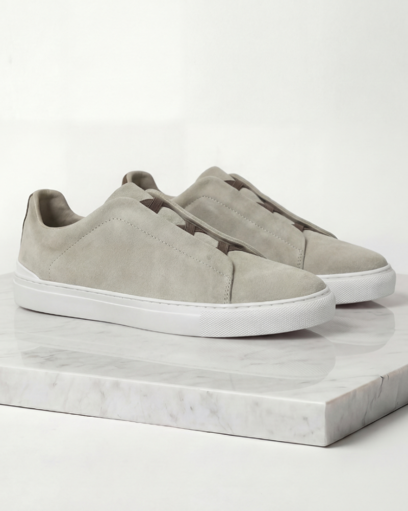 Men suede minimalist sneakers light grey casual shoes product display
