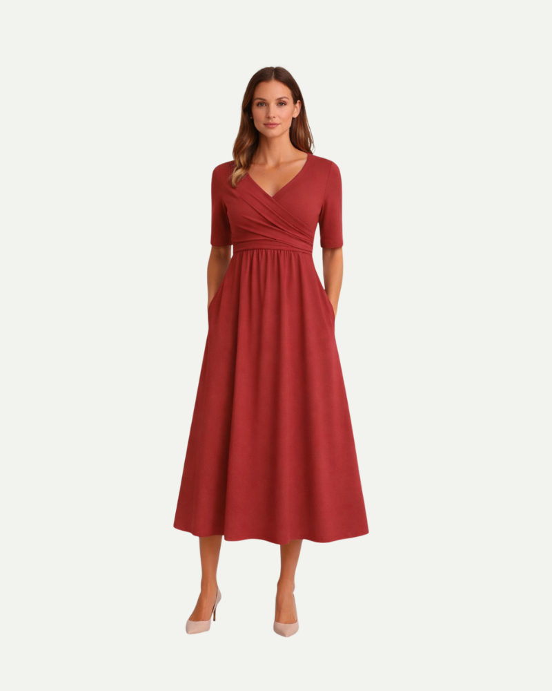 Female model wearing red V-neck midi dress short sleeve elegant casual look
