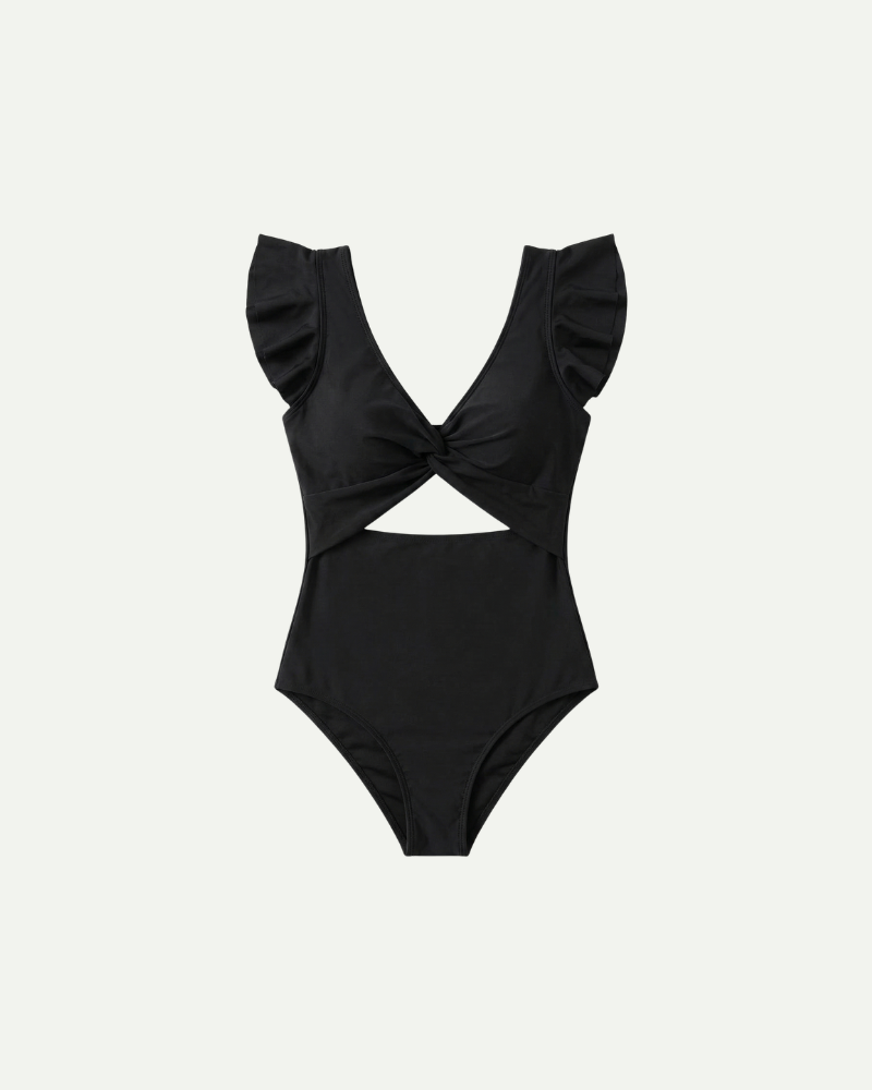 Black one piece swimsuit women backless ruffle straps tummy control swimwear
