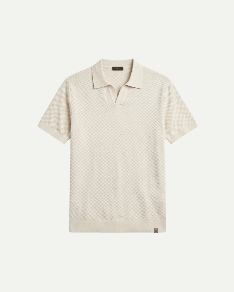 Men’s ivory knit polo shirt short sleeve relaxed fit front view