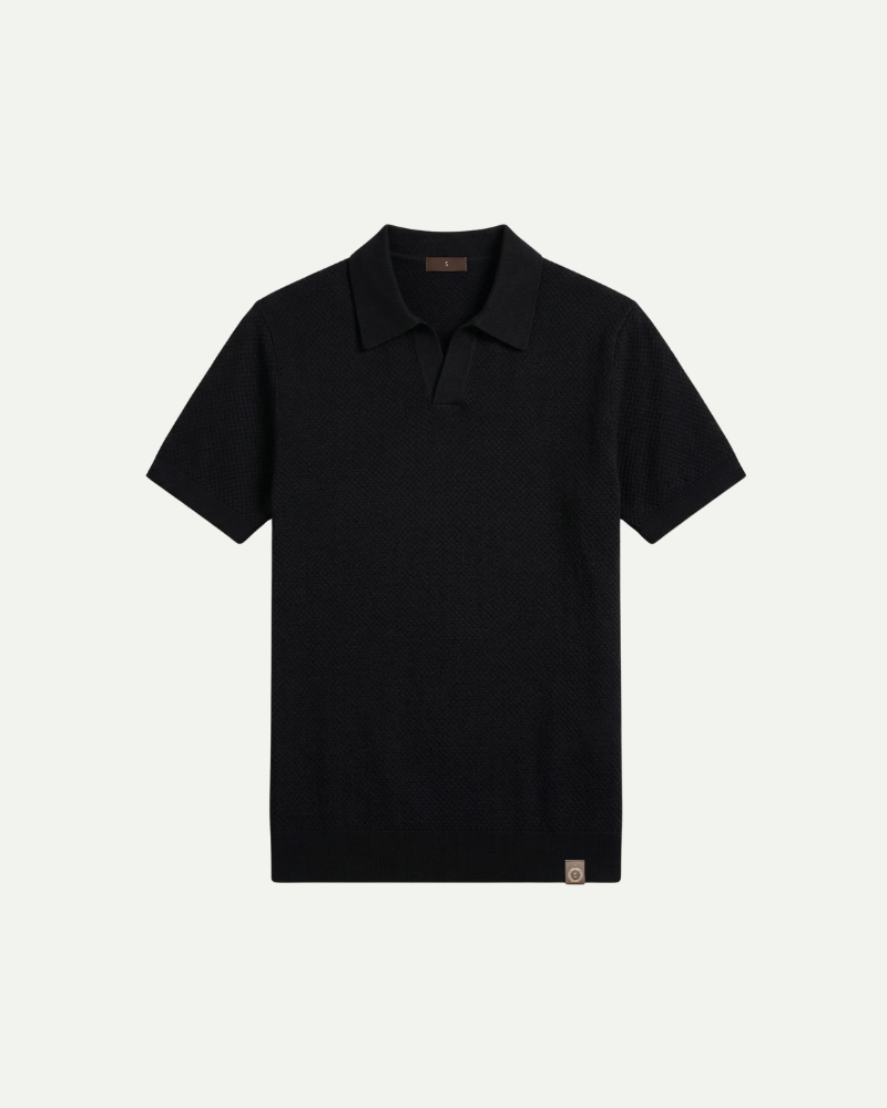 Men’s black knit polo shirt short sleeve relaxed fit front view