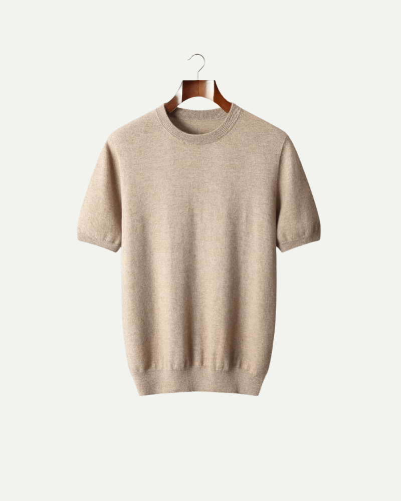 Beige cashmere wool knit T shirt men back view crew neck elegant knitwear
