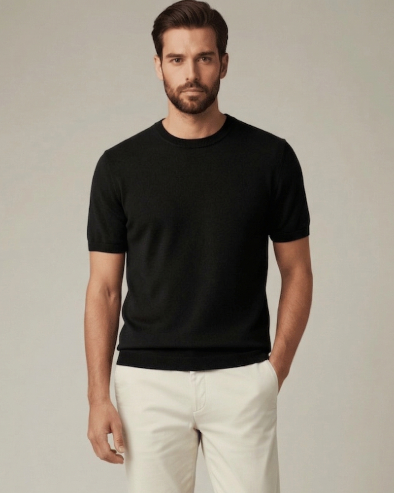 Black cashmere wool knit T shirt men crew neck short sleeve luxury knit
