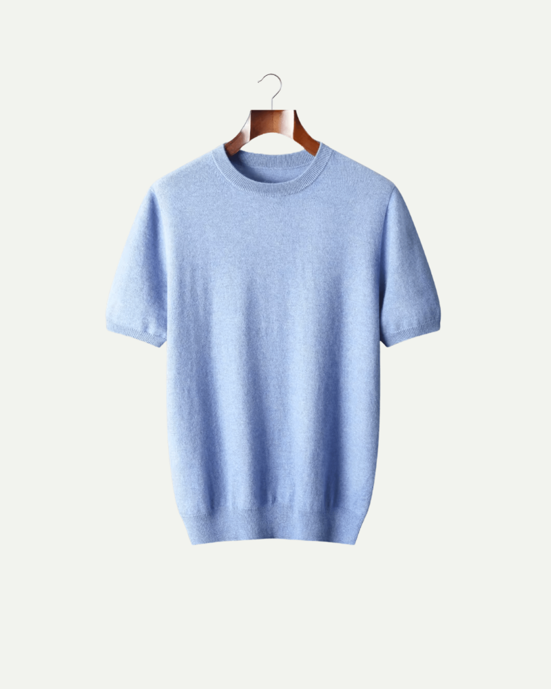 Light blue cashmere wool knit T shirt men crew neck short sleeve luxury knit
