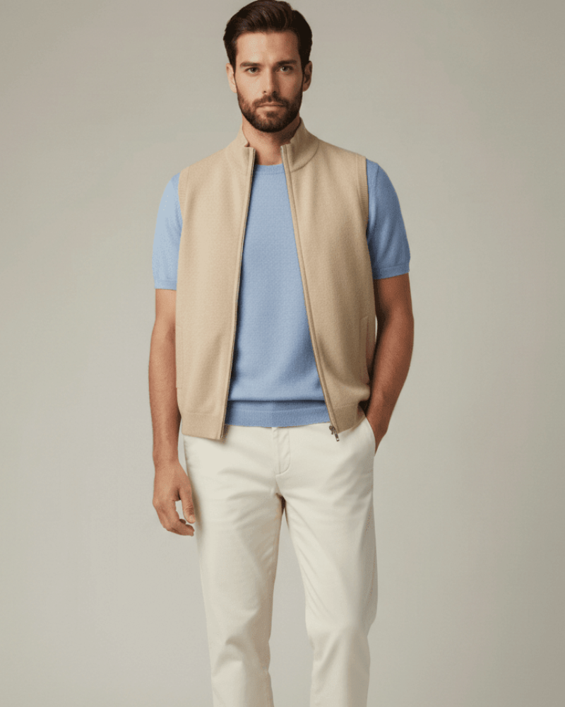 Men wearing Light blue cashmere wool knit T shirt men crew neck elegant summer outfit
