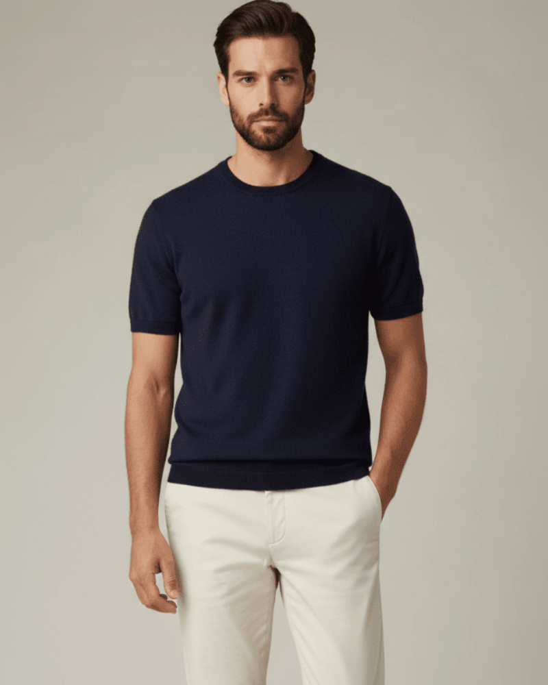 Navy cashmere wool knit T shirt men crew neck short sleeve luxury knit

