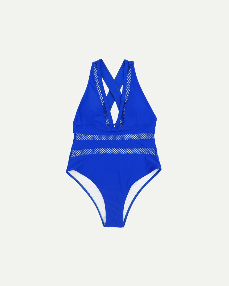 Blue one piece swimsuit women deep V neck mesh panel summer swimwear

