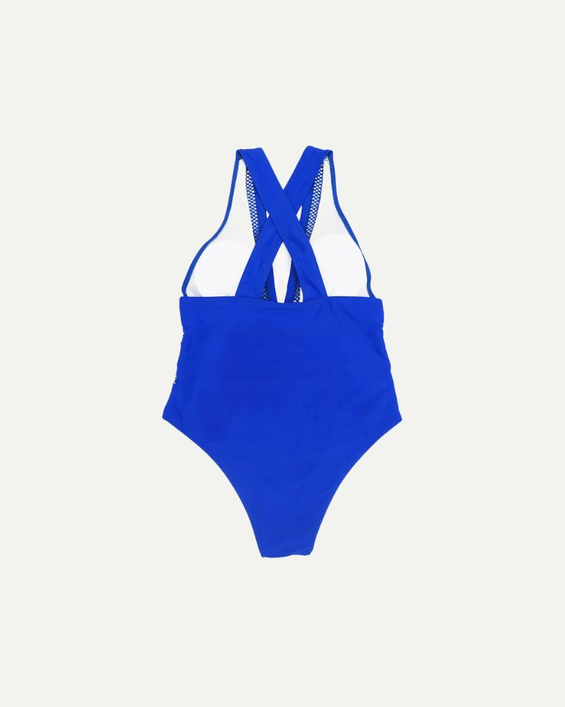 Blue one piece swimsuit women back view cross straps mesh panel swimwear
