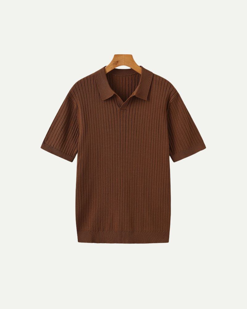 Brown ribbed polo shirt on a hanger against a white background
