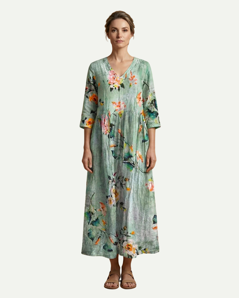 Émilie | Floral A-Line Midi Dress with Long Sleeves