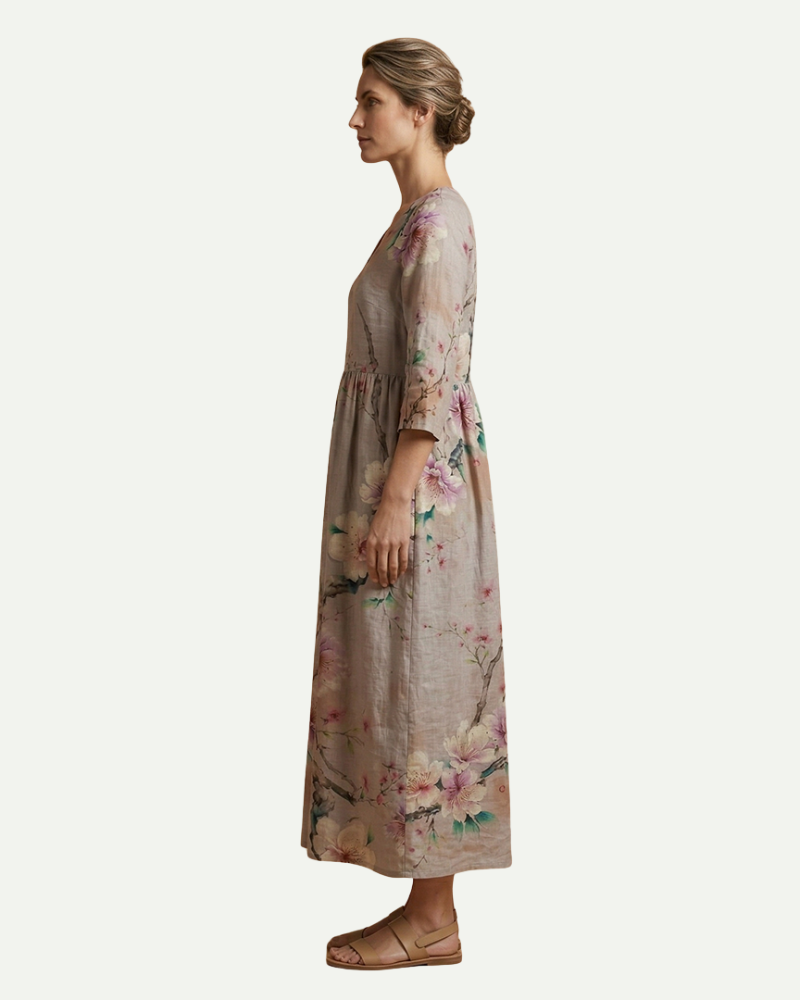 Émilie | Floral A-Line Midi Dress with Long Sleeves