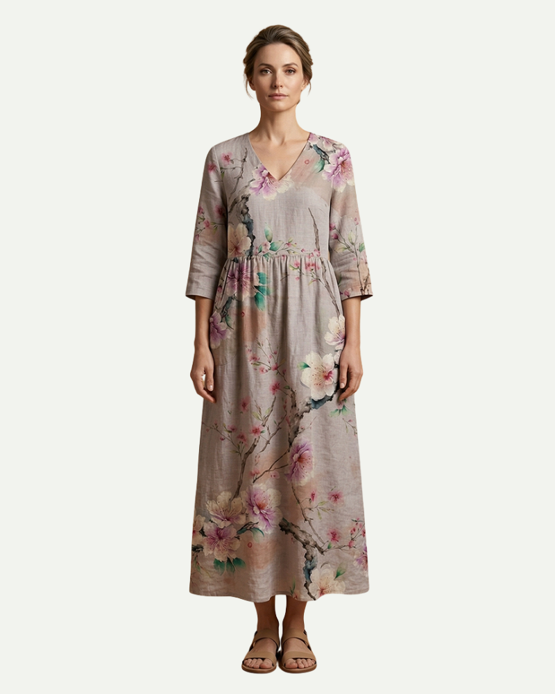 Floral A-Line Midi Dress | Women | Long Sleeve | Loose Fit