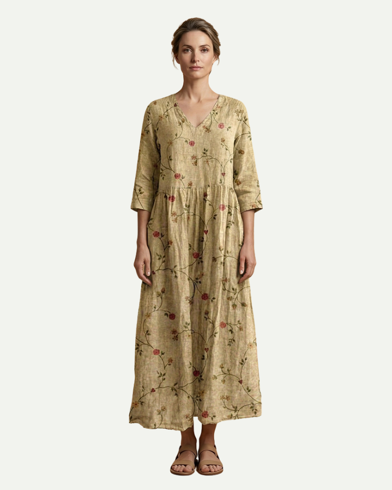 Émilie | Floral A-Line Midi Dress with Long Sleeves
