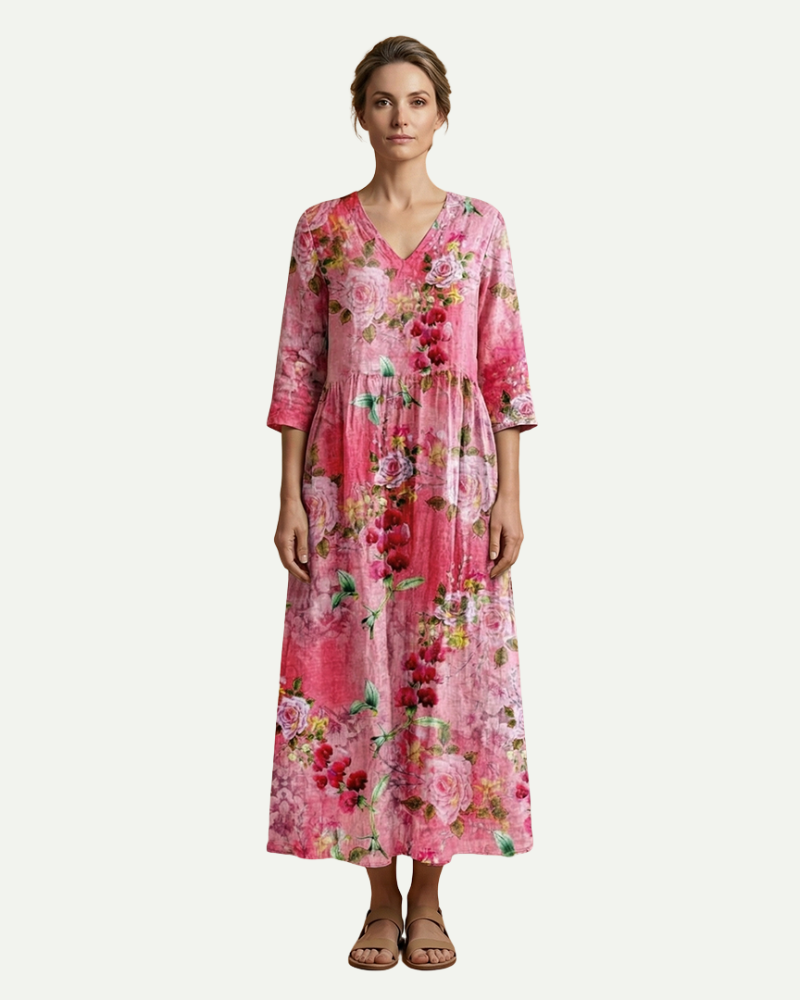 Émilie | Floral A-Line Midi Dress with Long Sleeves
