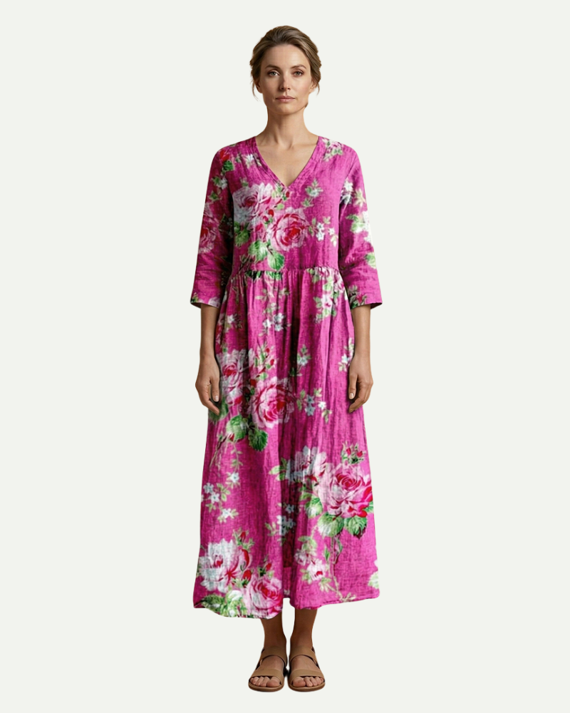 Émilie | Floral A-Line Midi Dress with Long Sleeves
