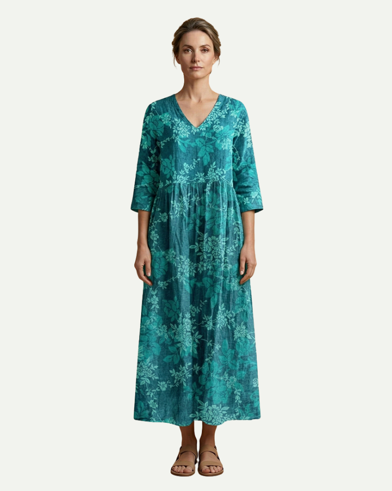Émilie | Floral A-Line Midi Dress with Long Sleeves